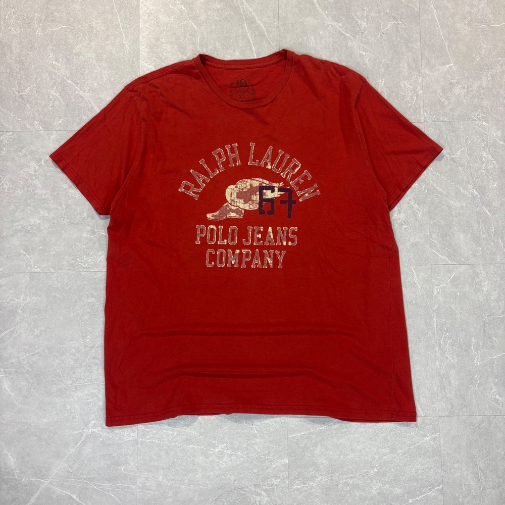 Ralph Lauren Polo Jeans Co Red Graphic T-Shirt Mens XL Winged Foot 67 Distressed
